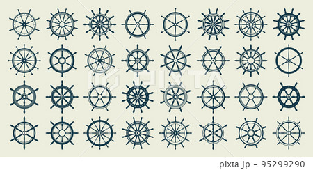 Collection of vintage steering wheels. Ship, yacht retro wheel symbol. Nautical rudder icon. Marine design element. Vector illustration 95299290