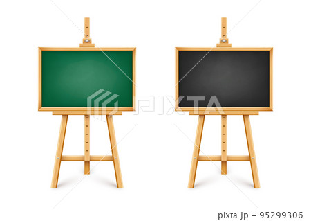 Realistic chalkboard on wooden easel. Blank blackboard in wooden frame on a tripod. Presentation board, writing surface for text, drawing. Online studying, learning mockup. Vector illustration 95299306