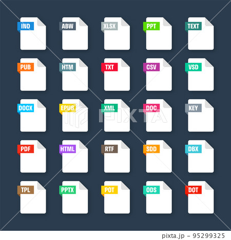Common system file formats. Document types and extensions. Flat style icons collection. Document pictogram, web design UI element, template. Computer program or application icon. Vector illustration 95299325