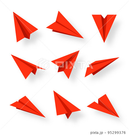 Realistic red paper planes collection. Handmade origami aircraft in flat style. Paper toy for a child. Business concept element, project startup and goal achievement. Vector illustration 95299376