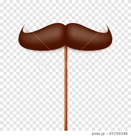 Realistic fake mustache on a wooden stick. Vintage paper mustache for carnival or holiday. Brown facial hair, hipster beard. Vector illustration 95299386
