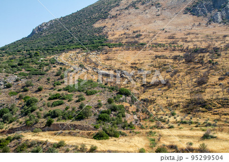 Greece, Mycenae, Landscape of the Peloponnese after a fire around the ancient city Greece, Mycenae, Landscape of the Peloponnese after a fire around the ancient city 95299504