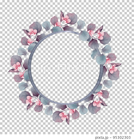 Floral design frame. Wedding seasonal flower card. Floral round composition. Isolated on white. Floral design frame. Wedding seasonal flower card. Floral round composition. Isolated on white. 95302303