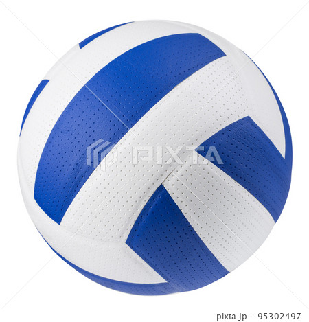 Volleyball ball with blue and white stripes, glued slats, on a white background 95302497
