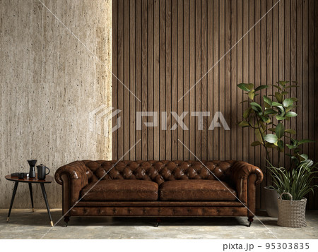 Interior with brown leather chester sofa, stone wood wall panel, backlight, plants and decor. 3d render illustration mockup. 95303835
