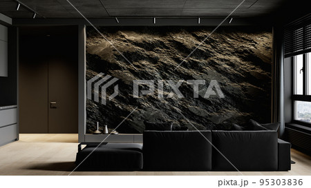 Contemporary black interior with rock stone wall, sofa and decor. 3d render illustration mockup. 95303836