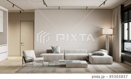 Beige contemporary minimalist interior with sofa, armchair, blank wall, coffee table and decor. 3d render illustration mockup. 95303837