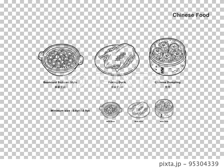 Illustration of Chinese food (mapo tofu, Peking duck, shumai / line drawing, monochrome) 95304339