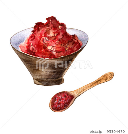 Powder red hot peppers in a bowl and spoon watercolor illustration isolated on white background. 95304470