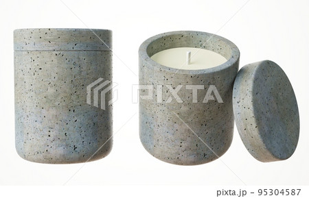 Two different views of container candle with cotton wick in gray concrete jar with lid 3D render, luxury gift template, commercial product mock-up 95304587