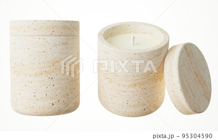 Two different views of container candle with cotton wick in stone jar with lid 3D render, luxury gift template, commercial product mock-up Two different views of container candle with cotton wick in stone jar with lid 3D render, luxury gift template, commercial product mock-up 95304590