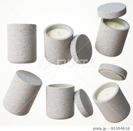 Set of six different views of container candle with cotton wick in gray stone jar with lid 3D render, luxury gift template, commercial product mock-up 95304616