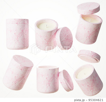 Set of six different views of container candle with cotton wick in pink marble jar with lid 3D render, luxury gift template, commercial product mock-up 95304621