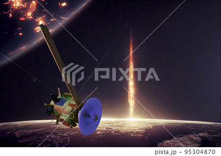 Space probe orbiting Venus, 3D rendering. Elements of this image furnished by NASA. Space probe orbiting Venus, 3D rendering. Elements of this image furnished by NASA. 95304870