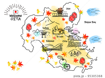 秋の大分県の観光地のシンプル線画イラストマップ 95305368