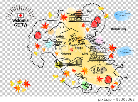 秋の大分県の観光地のシンプル線画イラストマップ 95305368