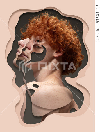 Inner emotions, feelings. Creative artwork with young redhead man on light background with textured and layering effect. Ideas, inspiration, fashion, beauty Inner emotions, feelings. Creative artwork with young redhead man on light background with textured and layering effect. Ideas, inspiration, fashion, beauty 95305417