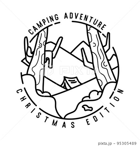 Mountain Camping christmas badge design with winter landscape in line art style and quote Camping adventure Christmas edition. Travel logo graphics. Stock vector label 95305489