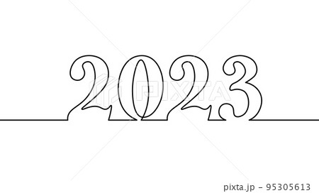 2023 New Year single continuous line art. Holiday greeting card headline decoration. Date numbers concept design. One sketch outline drawing white vector illustration 95305613