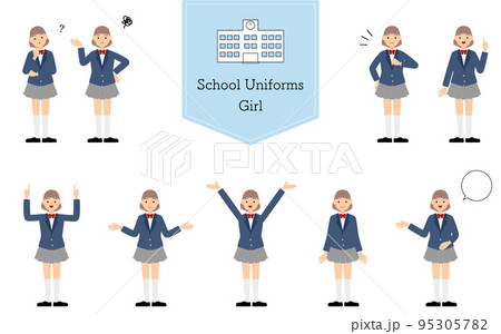 女子生徒、ブレザーの制服ポーズセット、疑問・悩む・引き受ける・指さしetc 女子生徒、ブレザーの制服ポーズセット、疑問・悩む・引き受ける・指さしetc 95305782