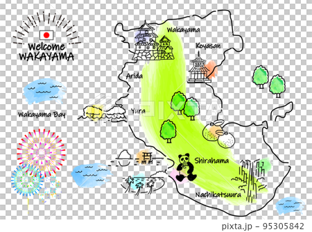 Simple line drawing illustration map of sightseeing spots in Wakayama Prefecture 95305842