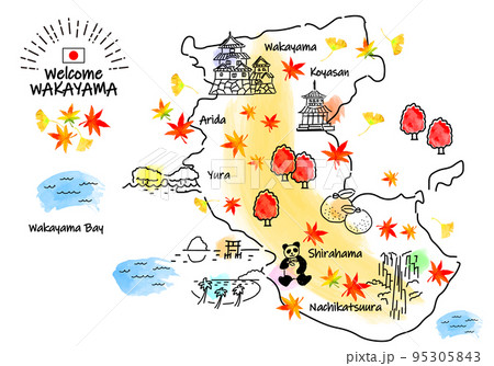 秋の和歌山県の観光地のシンプル線画イラストマップ 95305843