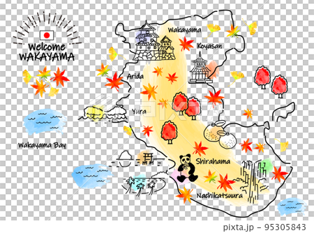 秋の和歌山県の観光地のシンプル線画イラストマップ 95305843