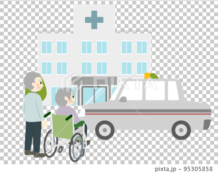 Elderly people going to the hospital by taxi 95305858