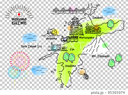 愛媛県の観光地のシンプル線画イラストマップ 95305974