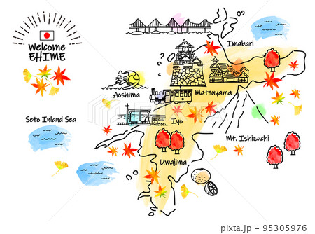 秋の愛媛県の観光地のシンプル線画イラストマップ 95305976