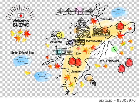 秋の愛媛県の観光地のシンプル線画イラストマップ 95305976