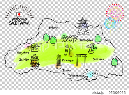 Simple line drawing illustration map of sightseeing spots in Saitama Prefecture 95306033