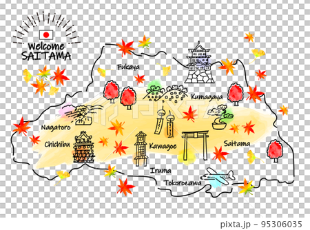 Simple line drawing illustration map of tourist spots in Saitama prefecture in autumn 95306035