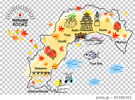Simple line drawing illustration map of tourist spots in Kochi prefecture in autumn 95306301