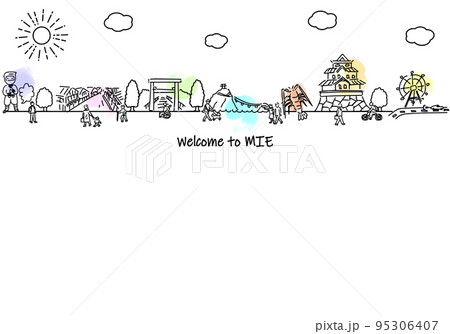 手書きの三重県の街並みと人々のシンプル線画 95306407