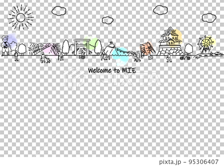Hand-drawn cityscape of Mie Prefecture and simple line drawings of people Hand-drawn cityscape of Mie Prefecture and simple line drawings of people 95306407