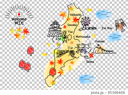 秋の三重県の観光地のシンプル線画イラストマップ 95306408