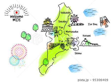 三重県の観光地のシンプル線画イラストマップのイラスト素材