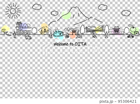 Hand-drawn Oita Prefecture cityscape and simple line drawings of people 95306421