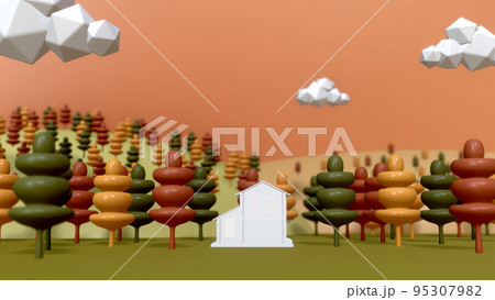 Graphic 3D rendering of house in the wood in autumn season with orange sky. Graphic 3D rendering of house in the wood in autumn season with orange sky. 95307982
