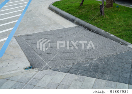 Building entrance trail with ramp for old or cannot self help disability person on wheelchair. 95307985