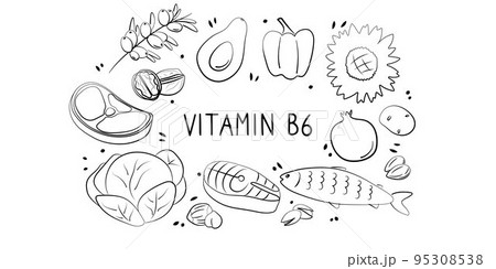 Vitamin B6 Pyridoxine. Groups of healthy products containing vitamins. Set of fruits, vegetables, meats, fish and dairy Vitamin B6 Pyridoxine. Groups of healthy products containing vitamins. Set of fruits, vegetables, meats, fish and dairy 95308538
