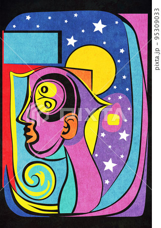 Picasso style astronaut in space textured 95309033