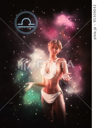 Libra girl in ancient Greek outfit in space 95309042