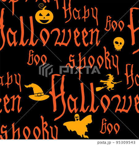 Happy Halloween seamless pattern with text, pumpkin, ghost, witcher. Hand drawn gothic letter, silhouette 95309543