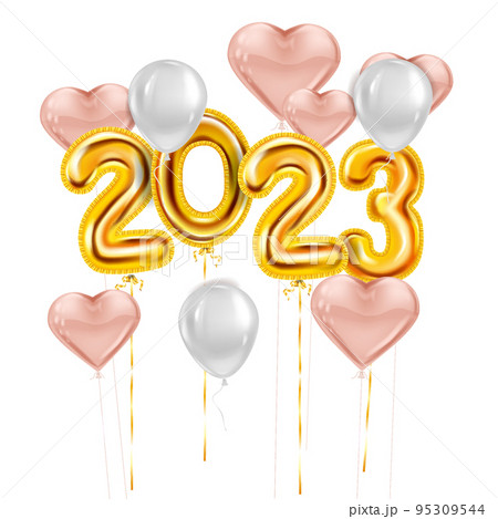 Pink heart balloons Happy New Year 2023, Golden foil numerals, white balloons 95309544