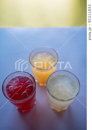 glasses set with fruit fresh colored juice of berry, lemon, ginger, strawberry glasses set with fruit fresh colored juice of berry, lemon, ginger, strawberry 95311833