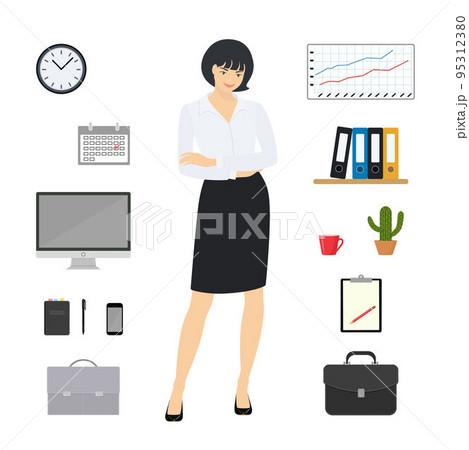Young business woman and office accessories. Cartoon flat style Young business woman and office accessories. Cartoon flat style 95312380