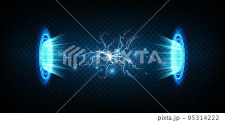 Magic portals on the night scene. Blue round holograms with rays of light and sparkles. Glowing futuristic teleport tunnel with copy space on black background. 95314222