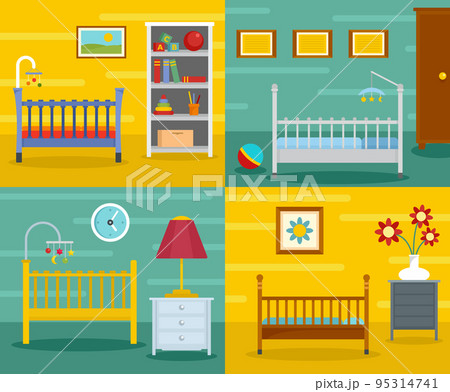 Baby crib cradle bed banner concept set. Flat illustration of 4 baby crib cradle bed vector banner horizontal concepts for web 95314741